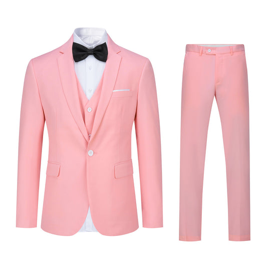 Pink # Men's slim fit 3-piece suit with one-button closure, fashionable pink blazer jacket with matching vest and trousers, formal wedding party prom business wear set, isolated on white background.