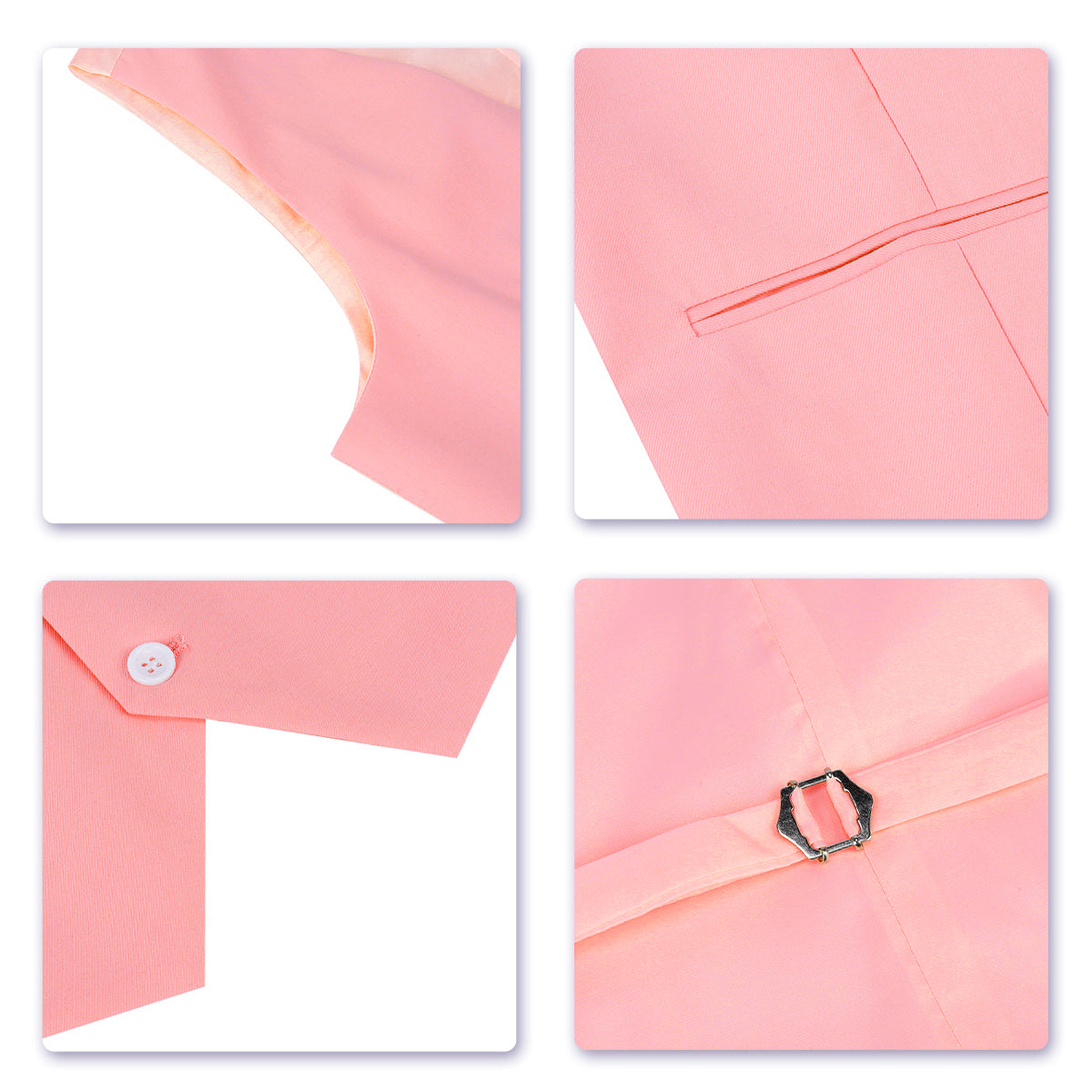 Pink # Men's slim fit 3-piece suit with one-button closure, fashionable pink blazer jacket with matching vest and trousers, formal wedding party prom business wear set, isolated on white background.