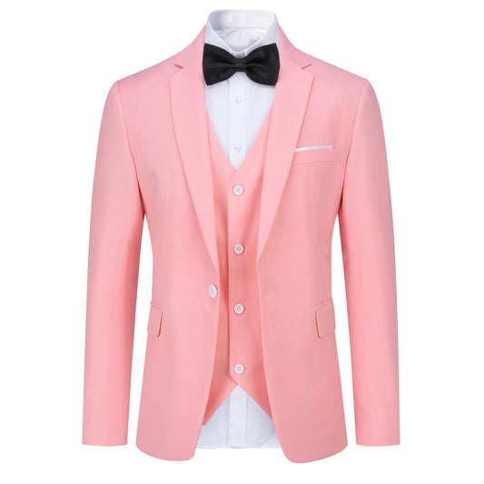 Pink # Men's slim fit 3-piece suit with one-button closure, fashionable pink blazer jacket with matching vest and trousers, formal wedding party prom business wear set, isolated on white background.