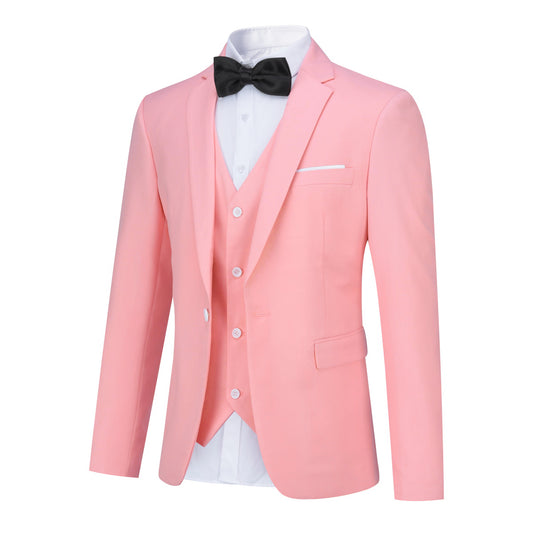Pink # Men's slim fit 3-piece suit with one-button closure, fashionable pink blazer jacket with matching vest and trousers, formal wedding party prom business wear set, isolated on white background.