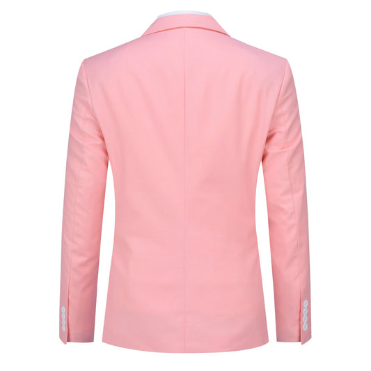 Pink # Men's slim fit 3-piece suit with one-button closure, fashionable pink blazer jacket with matching vest and trousers, formal wedding party prom business wear set, isolated on white background.