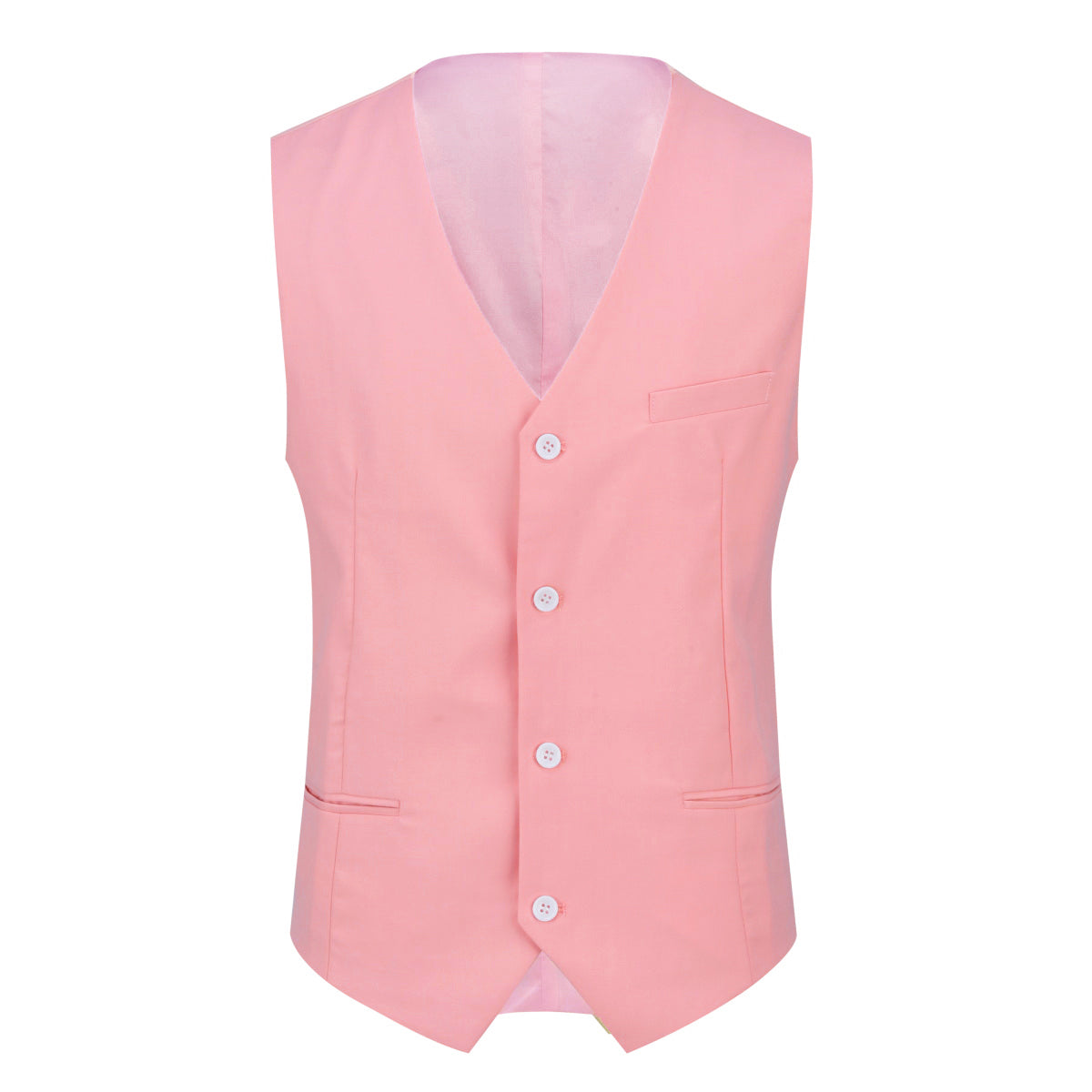 Pink # Men's slim fit 3-piece suit with one-button closure, fashionable pink blazer jacket with matching vest and trousers, formal wedding party prom business wear set, isolated on white background.