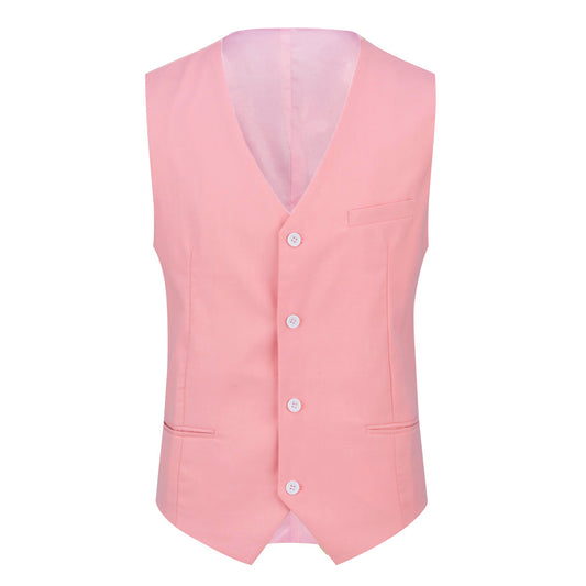 Pink # Men's slim fit 3-piece suit with one-button closure, fashionable pink blazer jacket with matching vest and trousers, formal wedding party prom business wear set, isolated on white background.