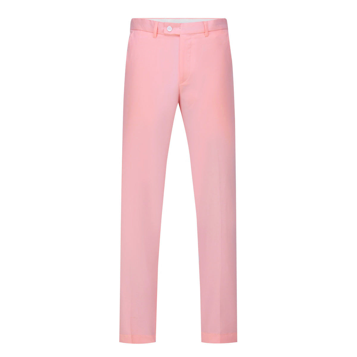 Pink # Men's slim fit 3-piece suit with one-button closure, fashionable pink blazer jacket with matching vest and trousers, formal wedding party prom business wear set, isolated on white background.