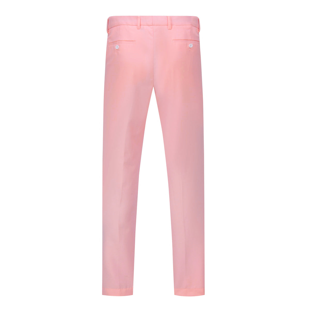 Pink # Men's slim fit 3-piece suit with one-button closure, fashionable pink blazer jacket with matching vest and trousers, formal wedding party prom business wear set, isolated on white background.