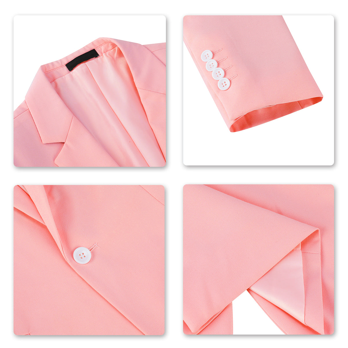 Pink # Men's slim fit 3-piece suit with one-button closure, fashionable pink blazer jacket with matching vest and trousers, formal wedding party prom business wear set, isolated on white background.