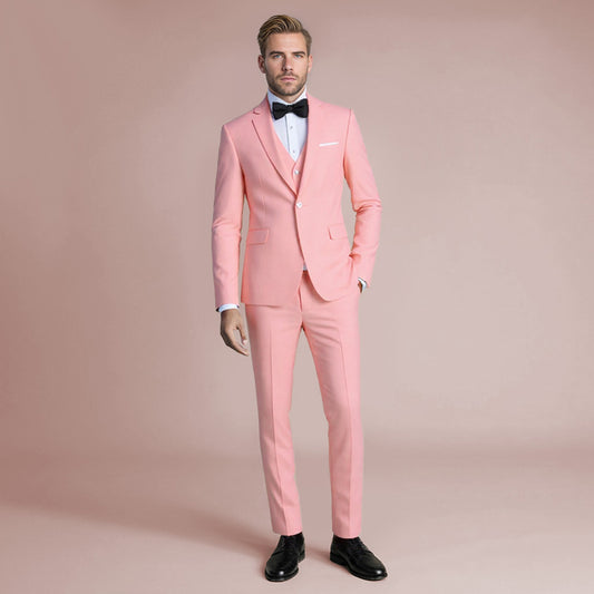 Pink # Men's slim fit 3-piece suit with one-button closure, fashionable pink blazer jacket with matching vest and trousers, formal wedding party prom business wear set, isolated on white background.