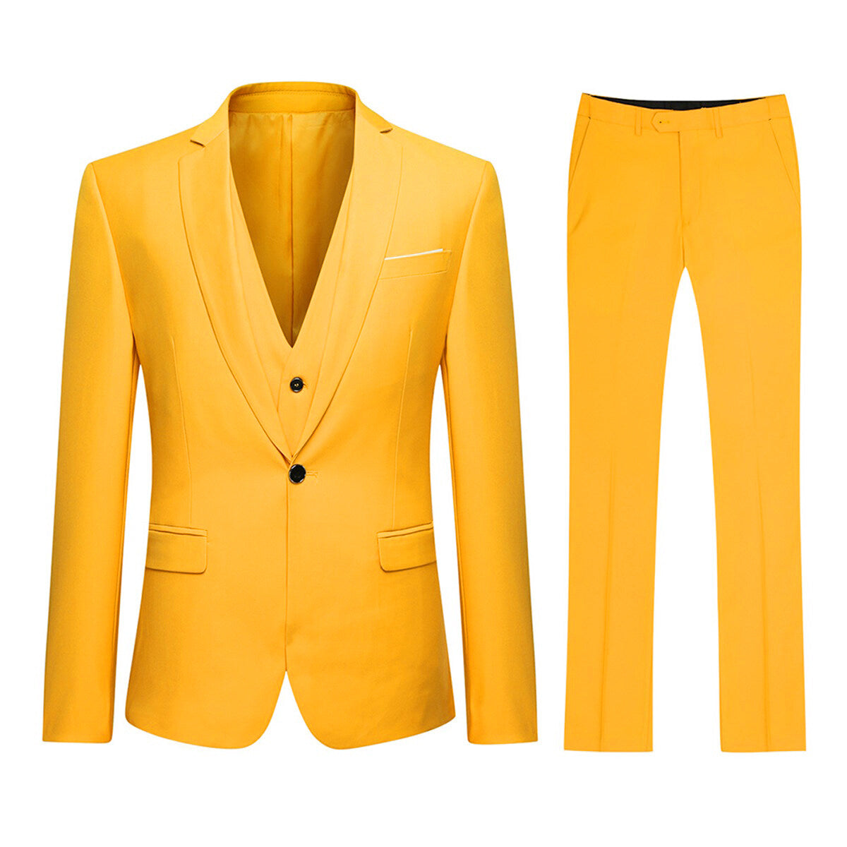 Yellow # Men's slim fit 3-piece fashion suit with one-button closure, yellow formal blazer jacket with matching vest and flat-front trousers, elegant polyester blend suit for wedding, prom, business and special occasions, isolated on white background.