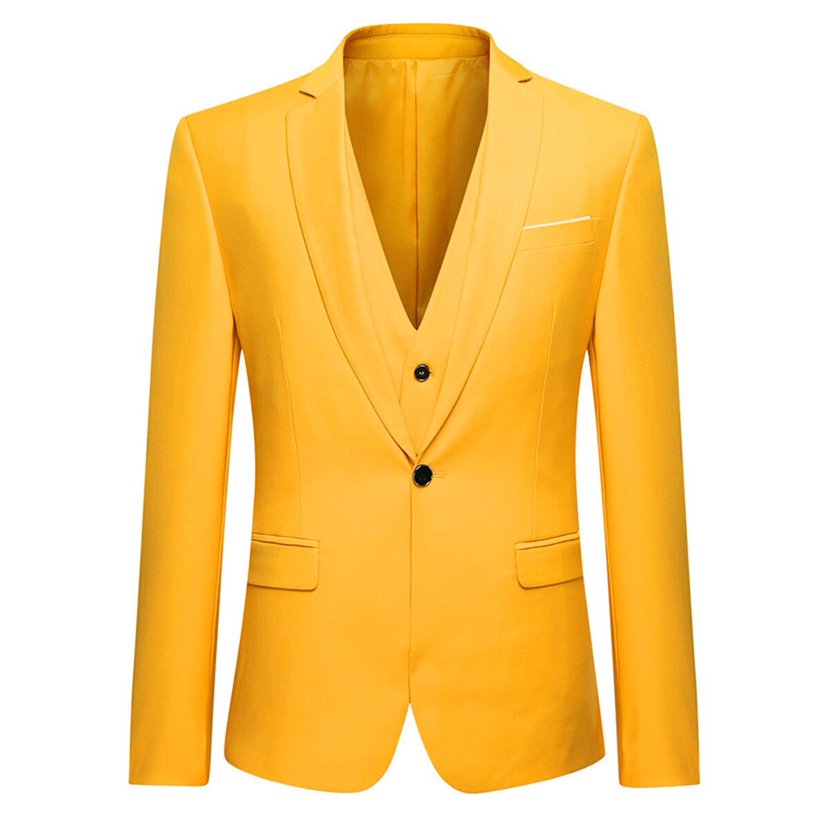 Yellow # Men's slim fit 3-piece fashion suit with one-button closure, yellow formal blazer jacket with matching vest and flat-front trousers, elegant polyester blend suit for wedding, prom, business and special occasions, isolated on white background.
