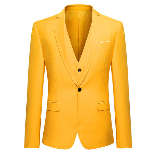 Yellow # Men's slim fit 3-piece fashion suit with one-button closure, yellow formal blazer jacket with matching vest and flat-front trousers, elegant polyester blend suit for wedding, prom, business and special occasions, isolated on white background.