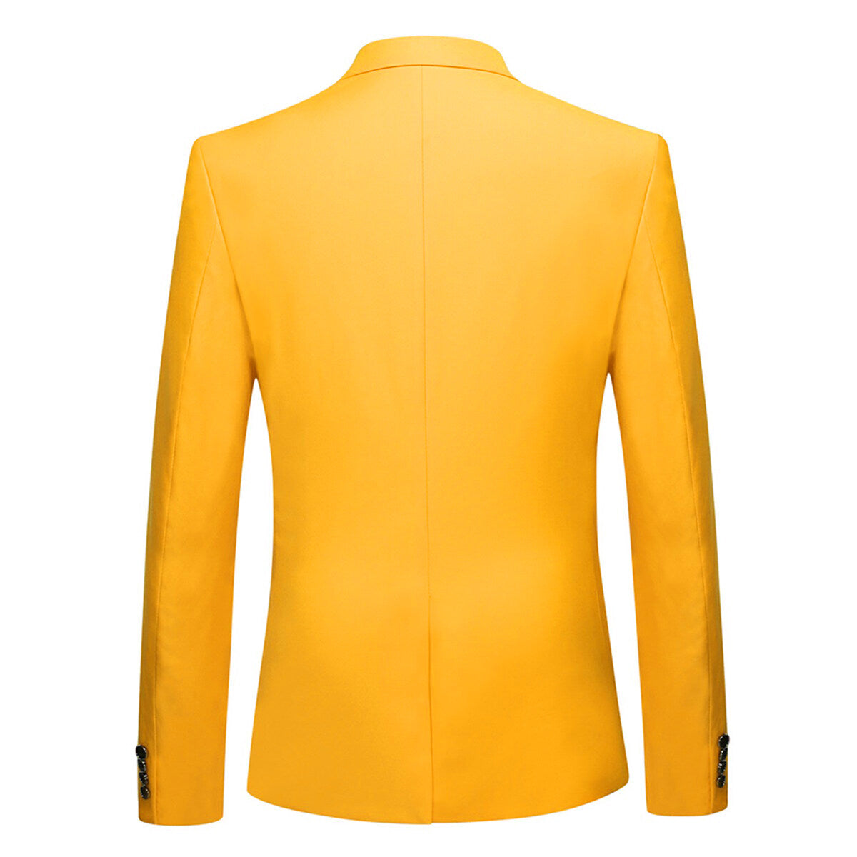 Yellow # Men's slim fit 3-piece fashion suit with one-button closure, yellow formal blazer jacket with matching vest and flat-front trousers, elegant polyester blend suit for wedding, prom, business and special occasions, isolated on white background.