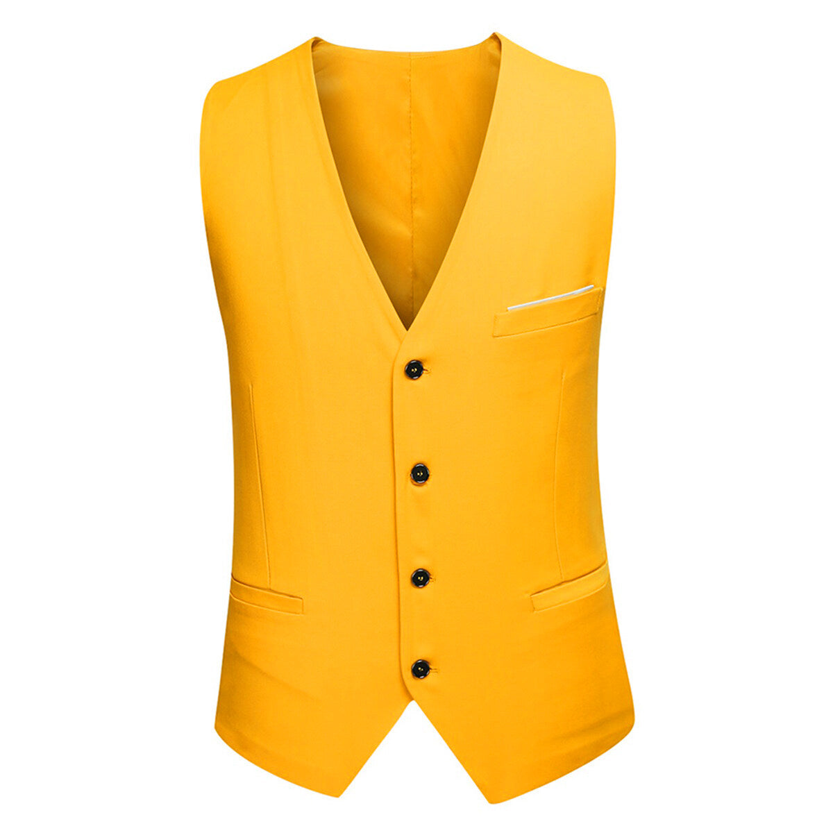 Yellow # Men's slim fit 3-piece fashion suit with one-button closure, yellow formal blazer jacket with matching vest and flat-front trousers, elegant polyester blend suit for wedding, prom, business and special occasions, isolated on white background.