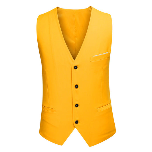 Yellow # Men's slim fit 3-piece fashion suit with one-button closure, yellow formal blazer jacket with matching vest and flat-front trousers, elegant polyester blend suit for wedding, prom, business and special occasions, isolated on white background.