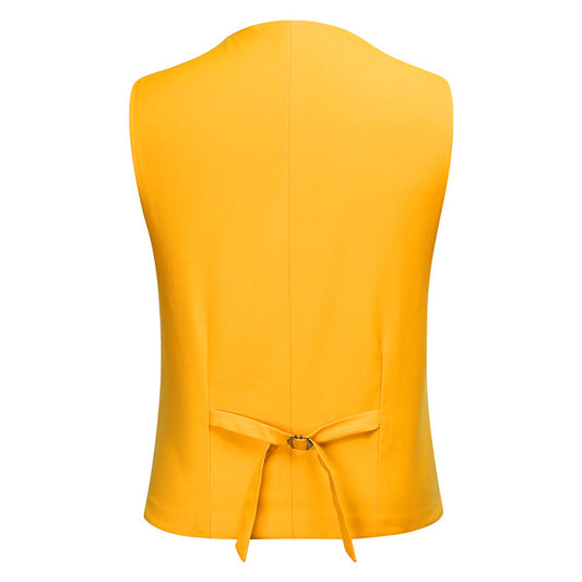 Yellow # Men's slim fit 3-piece fashion suit with one-button closure, yellow formal blazer jacket with matching vest and flat-front trousers, elegant polyester blend suit for wedding, prom, business and special occasions, isolated on white background.