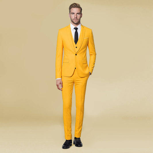 Yellow # Men's slim fit 3-piece fashion suit with one-button closure, yellow formal blazer jacket with matching vest and flat-front trousers, elegant polyester blend suit for wedding, prom, business and special occasions, isolated on white background.