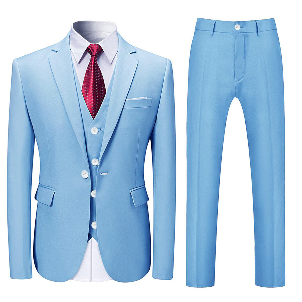 Sky Blue # Men's slim fit 3-piece solid color suit with notched lapel and single-breasted closure, sky blue formal blazer jacket with matching vest and flat-front trousers, fully padded shoulders and back vent for wedding, prom, business and formal occasions, isolated on white background.