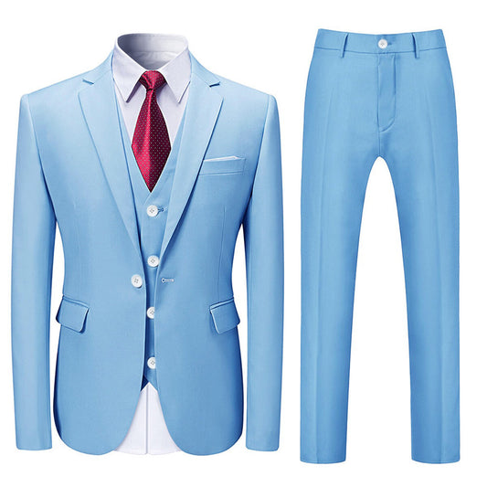 Sky Blue # Men's slim fit 3-piece solid color suit with notched lapel and single-breasted closure, sky blue formal blazer jacket with matching vest and flat-front trousers, fully padded shoulders and back vent for wedding, prom, business and formal occasions, isolated on white background.