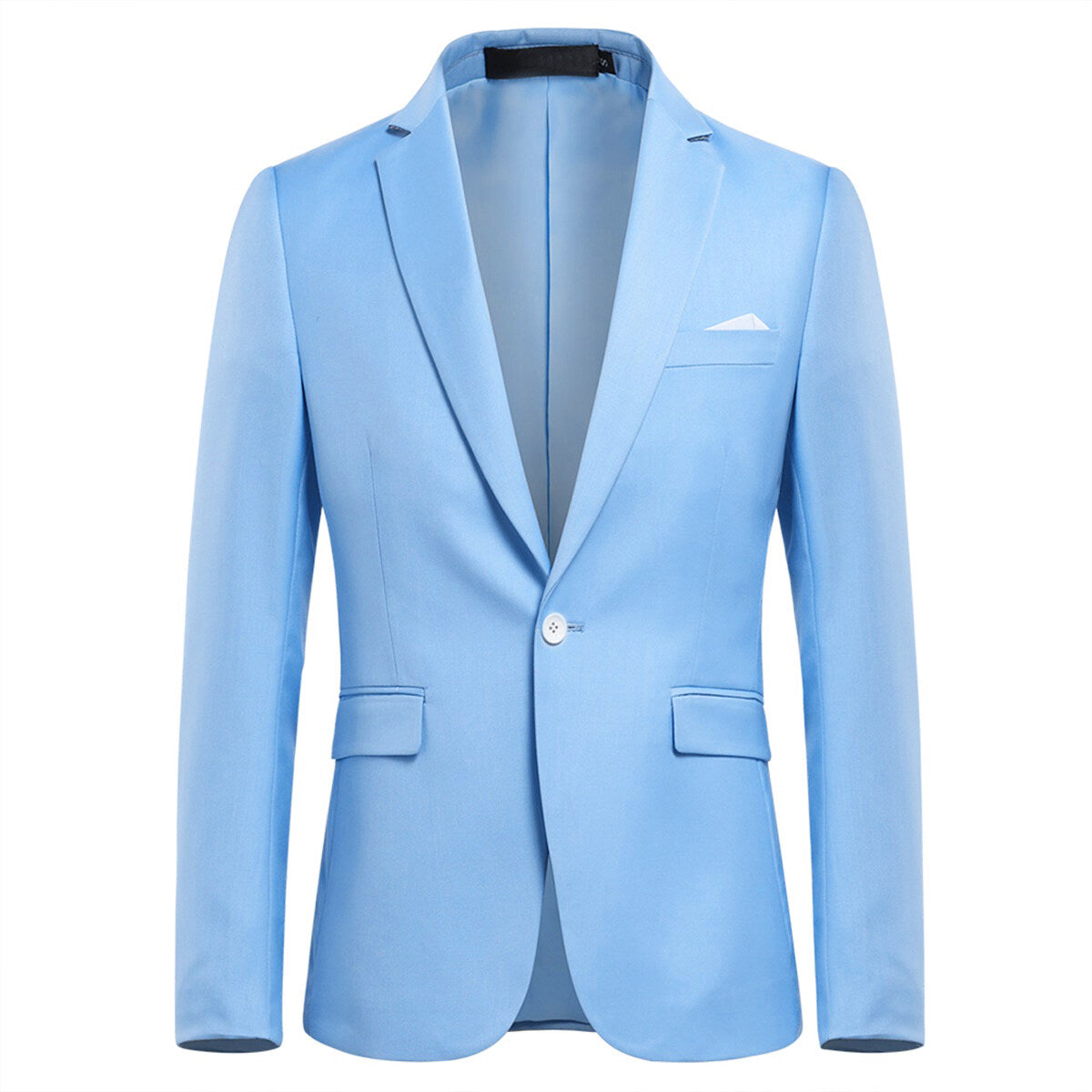 Sky Blue # Men's slim fit 3-piece solid color suit with notched lapel and single-breasted closure, sky blue formal blazer jacket with matching vest and flat-front trousers, fully padded shoulders and back vent for wedding, prom, business and formal occasions, isolated on white background.