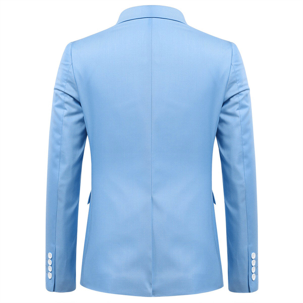 Sky Blue # Men's slim fit 3-piece solid color suit with notched lapel and single-breasted closure, sky blue formal blazer jacket with matching vest and flat-front trousers, fully padded shoulders and back vent for wedding, prom, business and formal occasions, isolated on white background.