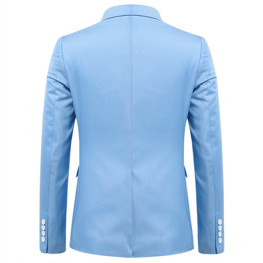 Sky Blue # Men's slim fit 3-piece solid color suit with notched lapel and single-breasted closure, sky blue formal blazer jacket with matching vest and flat-front trousers, fully padded shoulders and back vent for wedding, prom, business and formal occasions, isolated on white background.