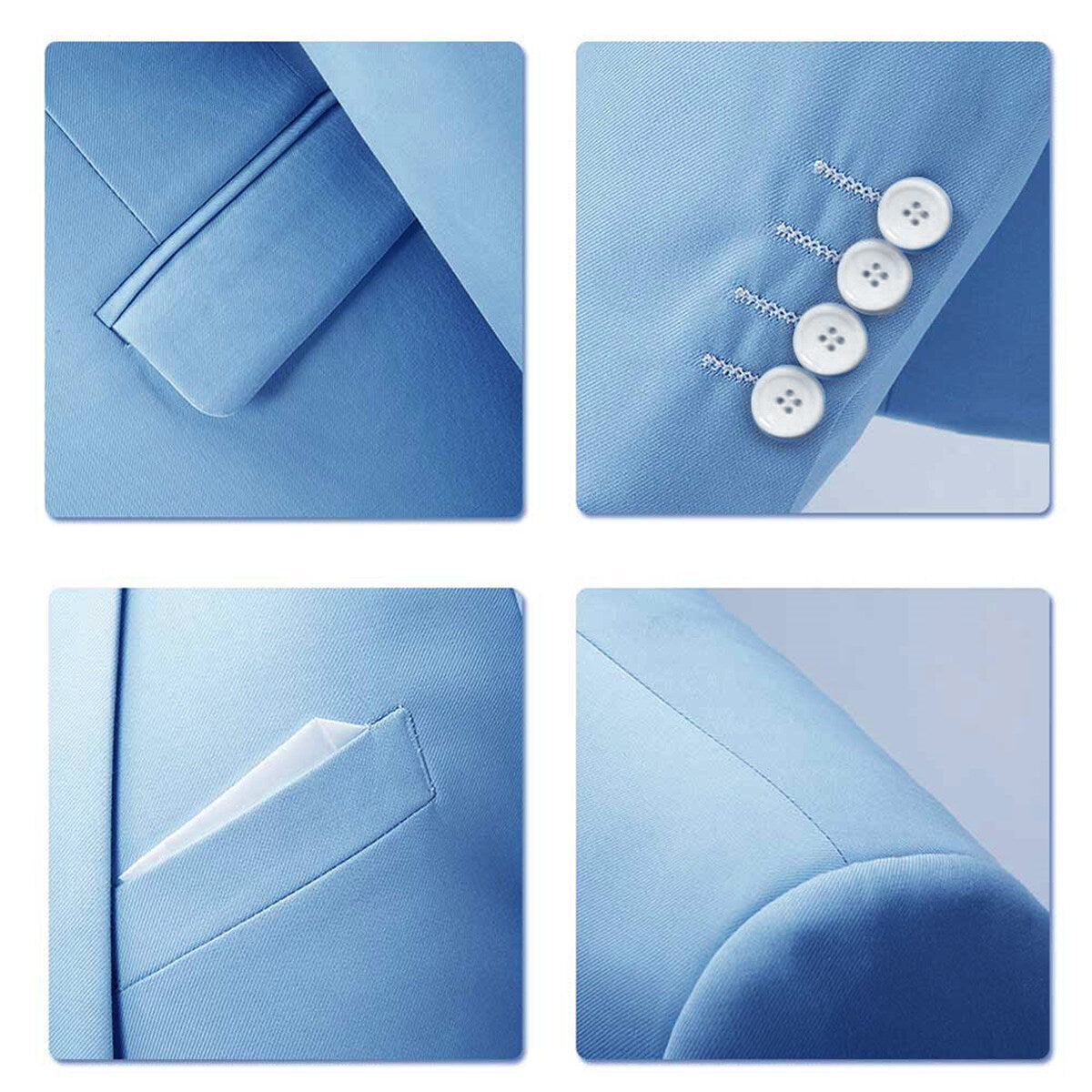 Sky Blue # Men's slim fit 3-piece solid color suit with notched lapel and single-breasted closure, sky blue formal blazer jacket with matching vest and flat-front trousers, fully padded shoulders and back vent for wedding, prom, business and formal occasions, isolated on white background.