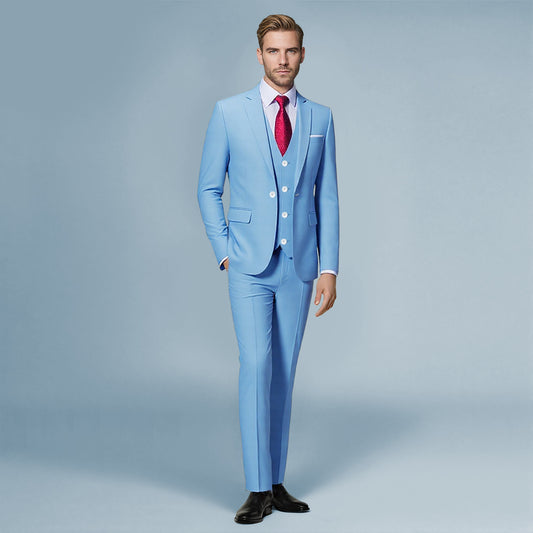 Sky Blue # Men's slim fit 3-piece solid color suit with notched lapel and single-breasted closure, sky blue formal blazer jacket with matching vest and flat-front trousers, fully padded shoulders and back vent for wedding, prom, business and formal occasions, isolated on white background.