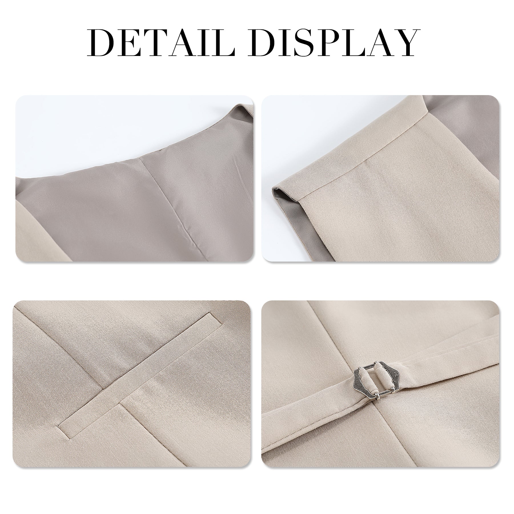 Beige # Men's slim fit 3-piece solid color suit with 2-button notch lapel single-breasted blazer jacket, matching vest and flat-front trousers, elegant beige formal wear set for wedding, business, office and special occasions, isolated on white background.