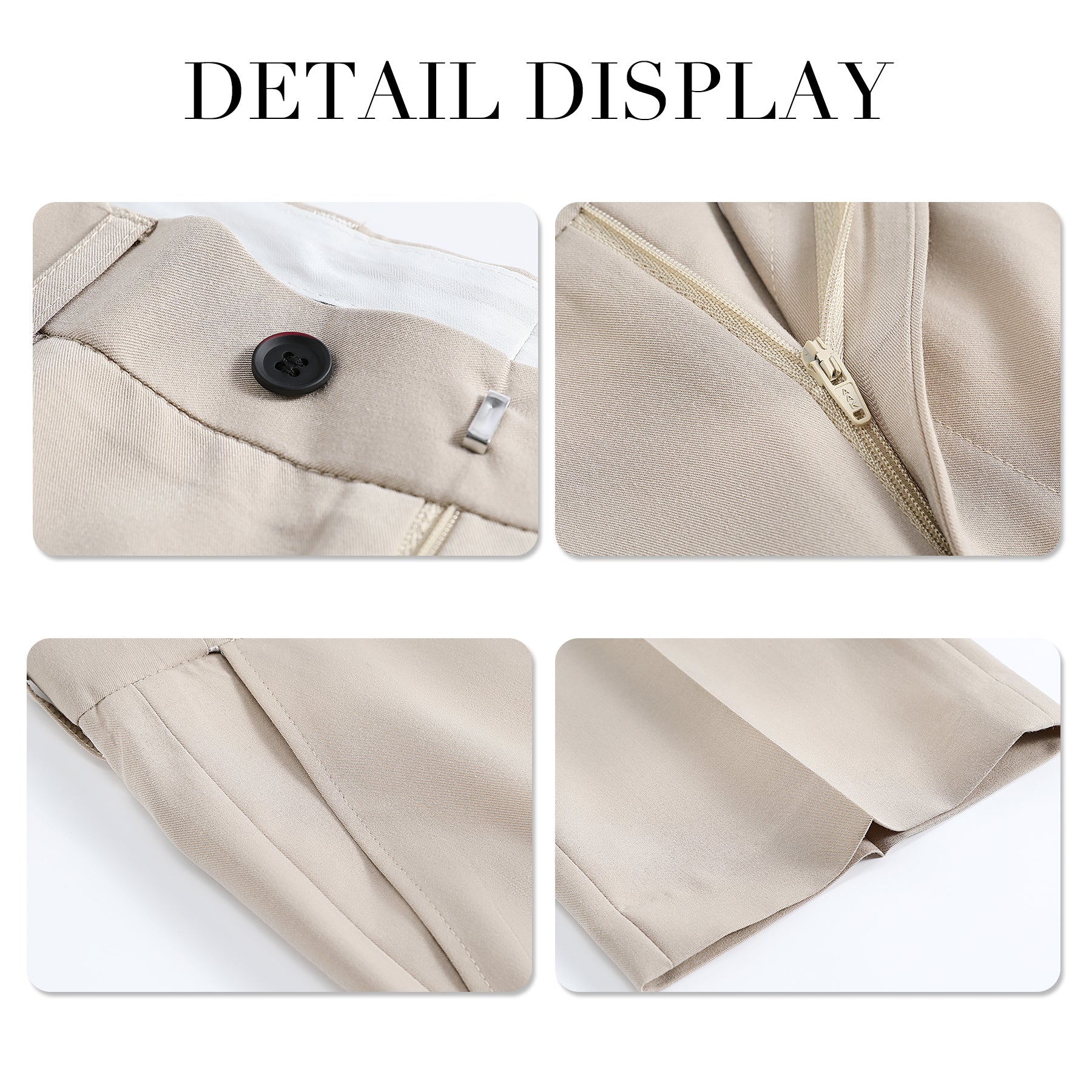 Beige # Men's slim fit 3-piece solid color suit with 2-button notch lapel single-breasted blazer jacket, matching vest and flat-front trousers, elegant beige formal wear set for wedding, business, office and special occasions, isolated on white background.