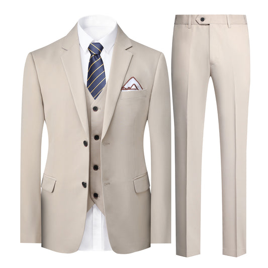 Beige # Men's slim fit 3-piece solid color suit with 2-button notch lapel single-breasted blazer jacket, matching vest and flat-front trousers, elegant beige formal wear set for wedding, business, office and special occasions, isolated on white background.