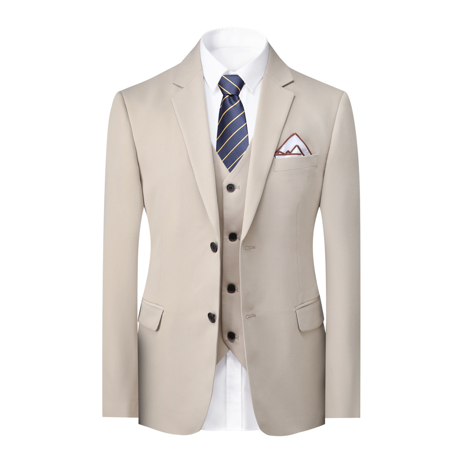 Beige # Men's slim fit 3-piece solid color suit with 2-button notch lapel single-breasted blazer jacket, matching vest and flat-front trousers, elegant beige formal wear set for wedding, business, office and special occasions, isolated on white background.