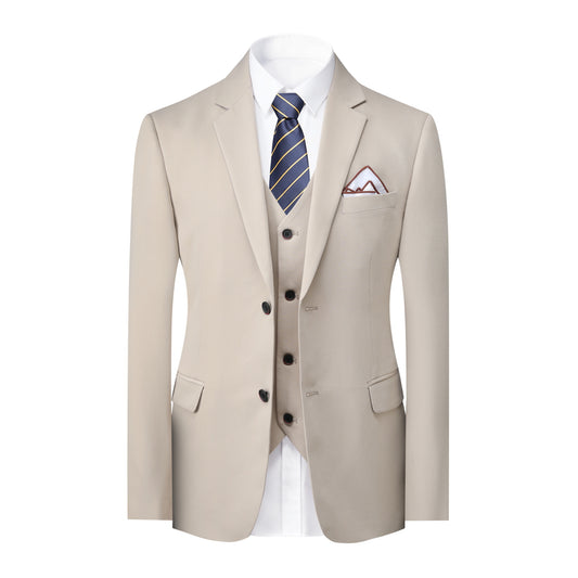 Beige # Men's slim fit 3-piece solid color suit with 2-button notch lapel single-breasted blazer jacket, matching vest and flat-front trousers, elegant beige formal wear set for wedding, business, office and special occasions, isolated on white background.
