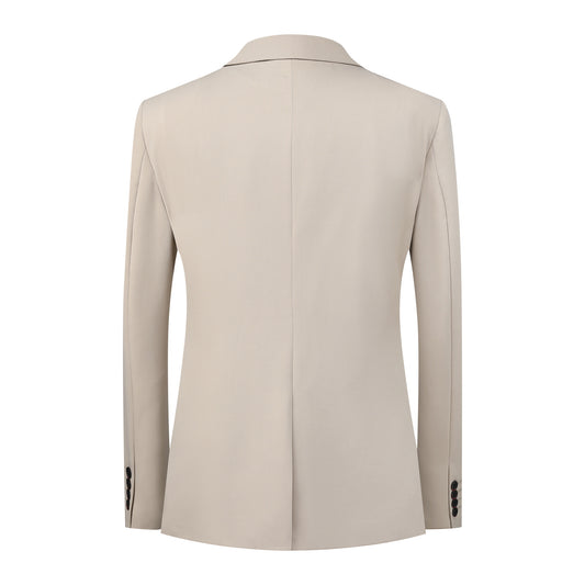 Beige # Men's slim fit 3-piece solid color suit with 2-button notch lapel single-breasted blazer jacket, matching vest and flat-front trousers, elegant beige formal wear set for wedding, business, office and special occasions, isolated on white background.
