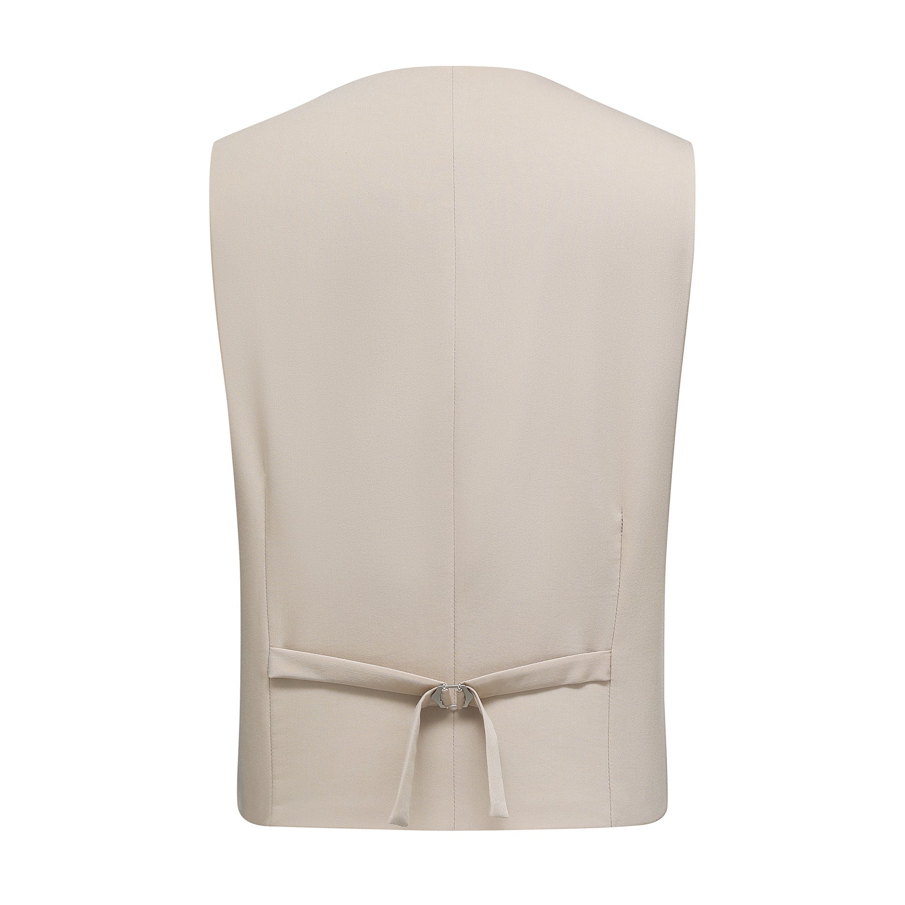 Beige # Men's slim fit 3-piece solid color suit with 2-button notch lapel single-breasted blazer jacket, matching vest and flat-front trousers, elegant beige formal wear set for wedding, business, office and special occasions, isolated on white background.