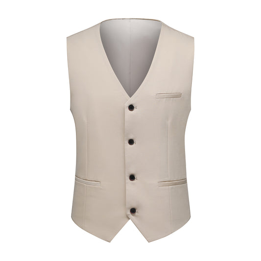 Beige # Men's slim fit 3-piece solid color suit with 2-button notch lapel single-breasted blazer jacket, matching vest and flat-front trousers, elegant beige formal wear set for wedding, business, office and special occasions, isolated on white background.