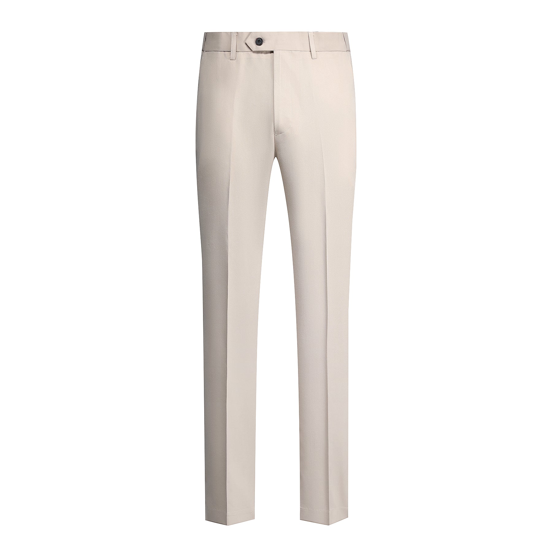 Beige # Men's slim fit 3-piece solid color suit with 2-button notch lapel single-breasted blazer jacket, matching vest and flat-front trousers, elegant beige formal wear set for wedding, business, office and special occasions, isolated on white background.