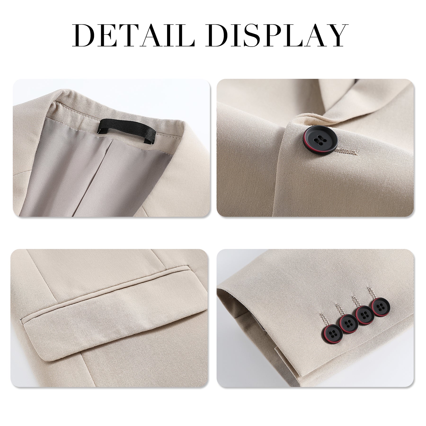 Beige # Men's slim fit 3-piece solid color suit with 2-button notch lapel single-breasted blazer jacket, matching vest and flat-front trousers, elegant beige formal wear set for wedding, business, office and special occasions, isolated on white background.