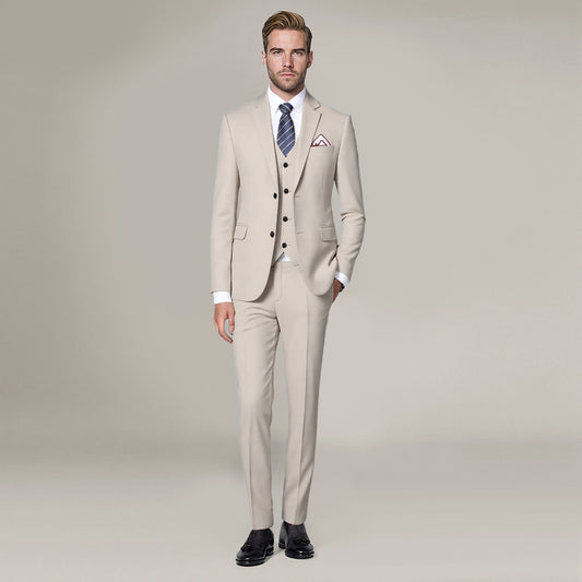 Beige # Men's slim fit 3-piece solid color suit with 2-button notch lapel single-breasted blazer jacket, matching vest and flat-front trousers, elegant beige formal wear set for wedding, business, office and special occasions, isolated on white background.