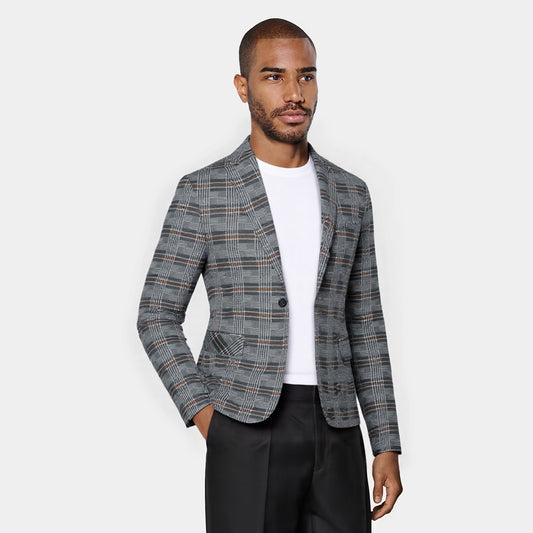 Multi-color # Men's slim fit plaid stripe casual blazer coat with one-button peaked lapel and 4-button cuffs, fully lined with chest pocket for party, event, business and daily wear, isolated on white background.
