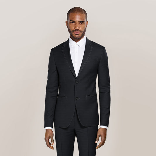 Black # Men's casual 2-button autumn blazer with notched lapel and single-breasted closure, solid black slim fit sport coat with center back vent, soft cotton blend fabric for business, wedding, prom, party and daily wear, isolated on white background.