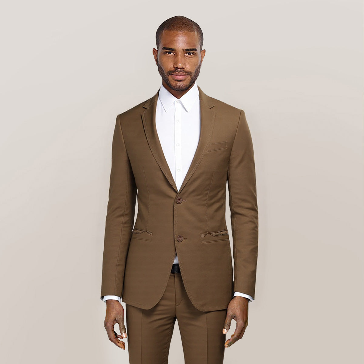 Dark Khaki # Men's two-button casual blazer with notched lapel and single-breasted closure, dark khaki cotton blend sport coat with back center vent for business, wedding, prom, party and daily wear, isolated on white background.