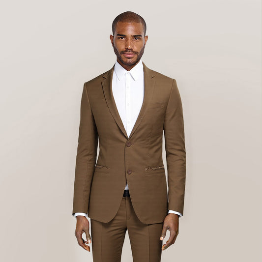 Dark Khaki # Men's two-button casual blazer with notched lapel and single-breasted closure, dark khaki cotton blend sport coat with back center vent for business, wedding, prom, party and daily wear, isolated on white background.