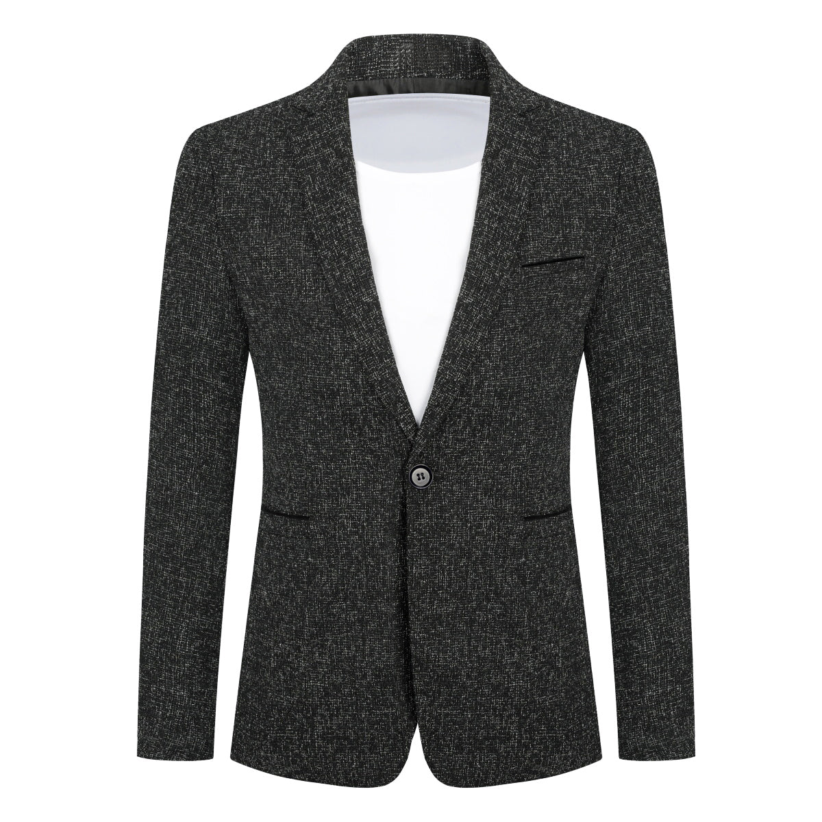 Black # Men's notch lapel single-breasted blazer, classic black sport coat with one-button closure and flat collar design, premium polyester viscose blend jacket for business, office, wedding and party wear, isolated on white background.