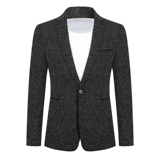 Black # Men's notch lapel single-breasted blazer, classic black sport coat with one-button closure and flat collar design, premium polyester viscose blend jacket for business, office, wedding and party wear, isolated on white background.