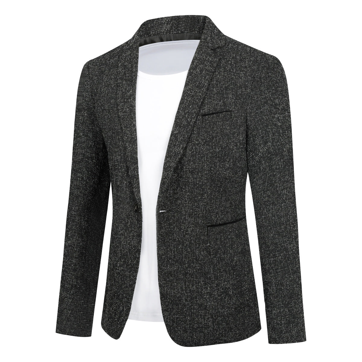 Black # Men's notch lapel single-breasted blazer, classic black sport coat with one-button closure and flat collar design, premium polyester viscose blend jacket for business, office, wedding and party wear, isolated on white background.