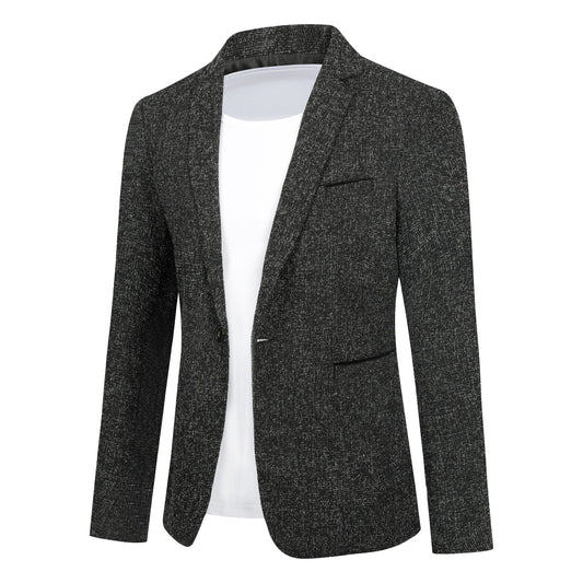 Black # Men's notch lapel single-breasted blazer, classic black sport coat with one-button closure and flat collar design, premium polyester viscose blend jacket for business, office, wedding and party wear, isolated on white background.