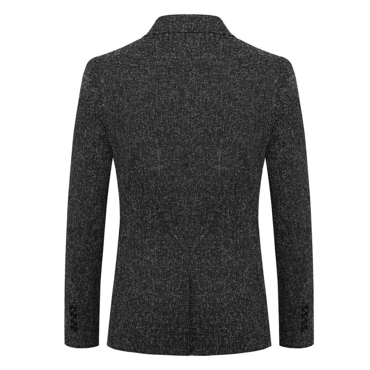 Black # Men's notch lapel single-breasted blazer, classic black sport coat with one-button closure and flat collar design, premium polyester viscose blend jacket for business, office, wedding and party wear, isolated on white background.
