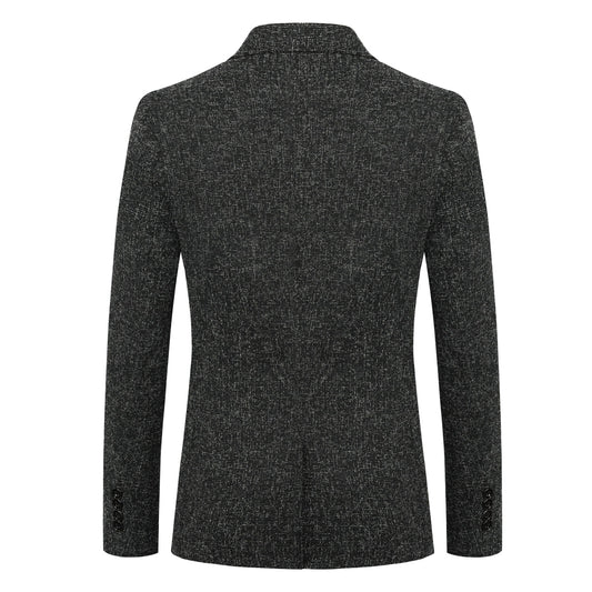 Black # Men's notch lapel single-breasted blazer, classic black sport coat with one-button closure and flat collar design, premium polyester viscose blend jacket for business, office, wedding and party wear, isolated on white background.