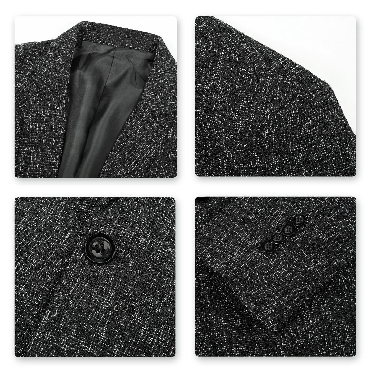 Black # Men's notch lapel single-breasted blazer, classic black sport coat with one-button closure and flat collar design, premium polyester viscose blend jacket for business, office, wedding and party wear, isolated on white background.
