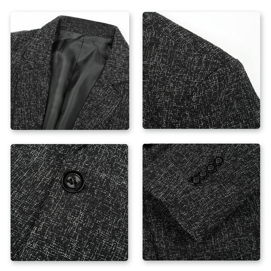 Black # Men's notch lapel single-breasted blazer, classic black sport coat with one-button closure and flat collar design, premium polyester viscose blend jacket for business, office, wedding and party wear, isolated on white background.