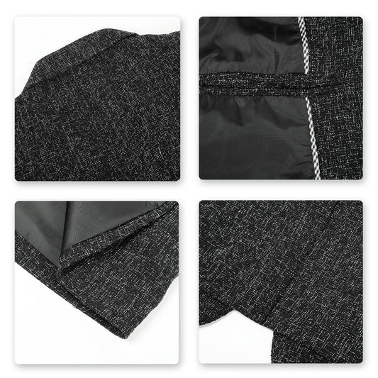 Black # Men's notch lapel single-breasted blazer, classic black sport coat with one-button closure and flat collar design, premium polyester viscose blend jacket for business, office, wedding and party wear, isolated on white background.